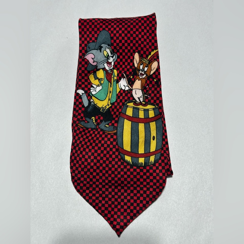 Vintage 1993 Cartoon Network Red and Black Checkered Silk Tie Tom and Jerry